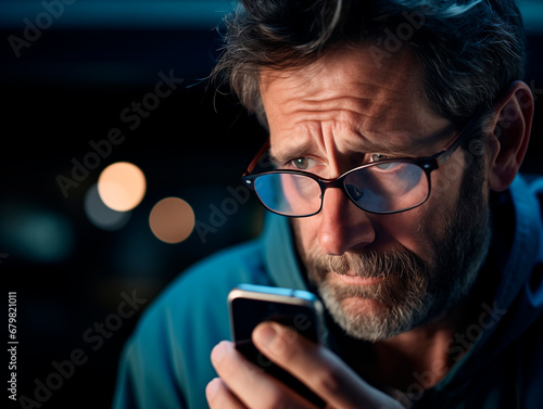 Close up portrait of mature man with smartphone in hand and looking lost and distressed, thoughtful and sad