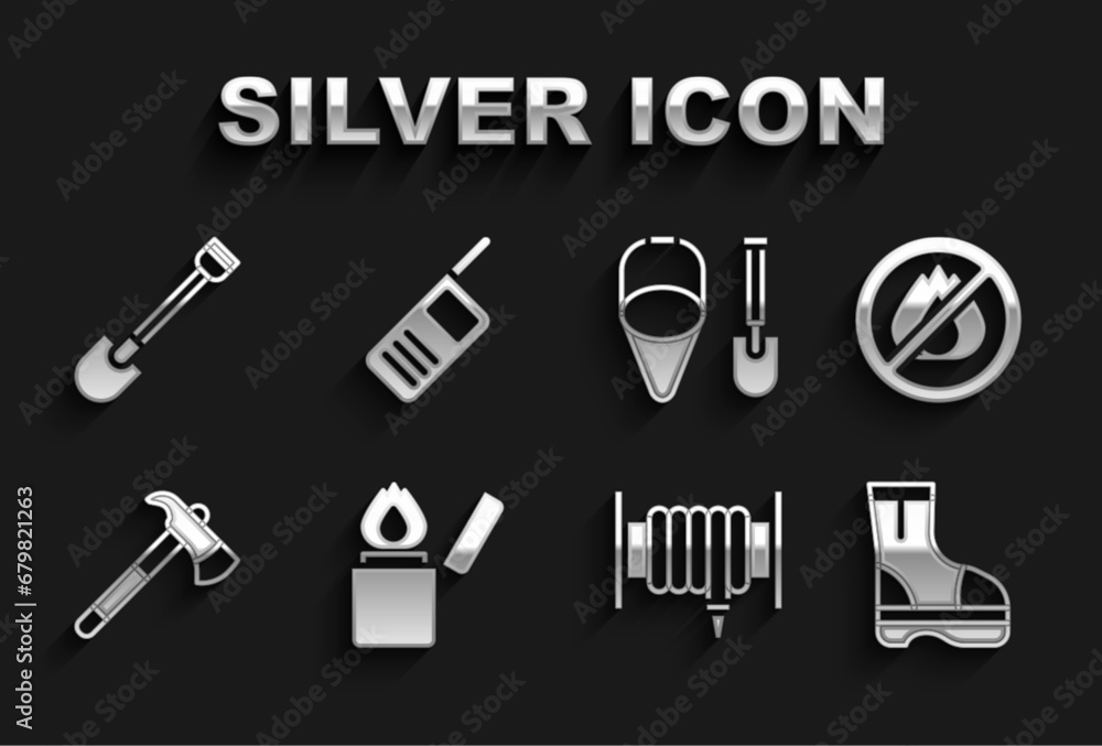 Set Lighter, No fire, Fire boots, hose reel, Firefighter axe, shovel and bucket, and Walkie talkie icon. Vector