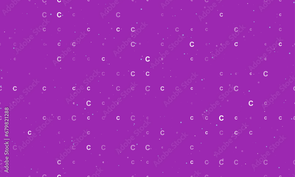 Seamless background pattern of evenly spaced white capital letter C symbols of different sizes and opacity. Vector illustration on purple background with stars