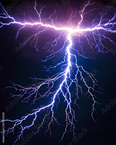 Lightning strike on a dark blue background. Close-up.