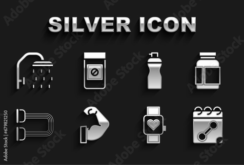 Set Bodybuilder muscle, Sports nutrition, Calendar fitness, Smart watch, Chest expander, Fitness shaker, Shower head and Anabolic drugs icon. Vector