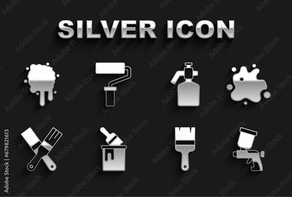 Set Paint bucket with brush, spray, gun, and roller icon. Vector Set Paint bucket with brush, spray, gun, and roller icon. Vector