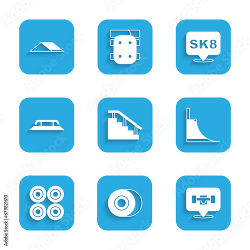 Set Skateboard stairs with rail, wheel, park, and icon. Vector
