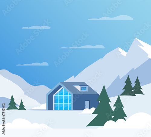 Winter mountain landscape with big house for tourists. Winter holidays in the mountains, ski resorts, house rentals. Vector flat illustration. photo