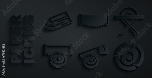 Set Hand saw and log, Electric circular, Two-handed, Wooden logs, and beam icon. Vector