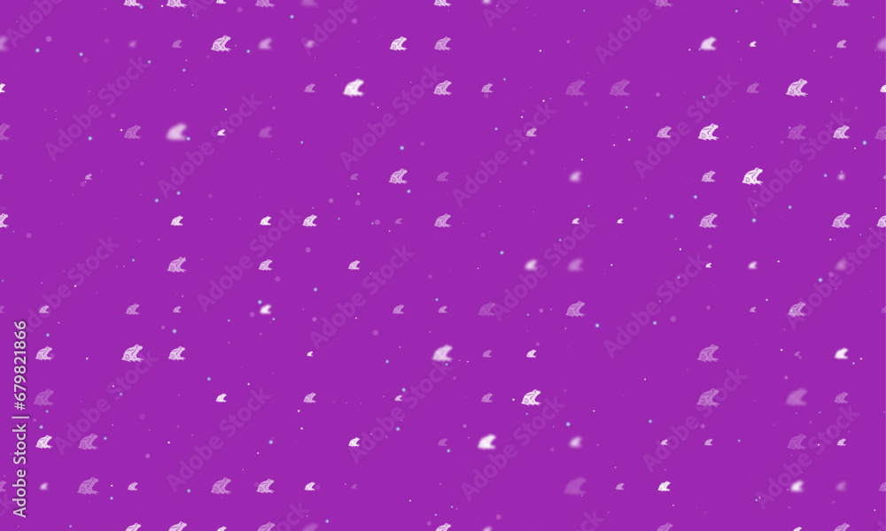 Seamless background pattern of evenly spaced white frog symbols of different sizes and opacity. Vector illustration on purple background with stars Seamless background pattern of evenly spaced white frog symbols of different sizes and opacity. Vector illustration on purple background with stars