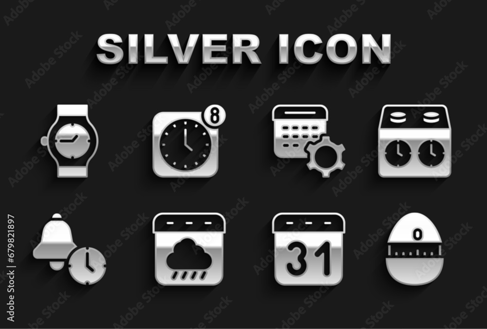 Set Calendar autumn, Time chess clock, Kitchen timer, Alarm, settings, Wrist watch and app mobile icon. Vector Set Calendar autumn, Time chess clock, Kitchen timer, Alarm, settings, Wrist watch and app mobile icon. Vector