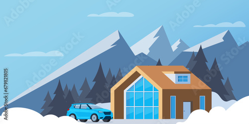 Winter mountain landscape with big house for tourists. Winter holidays in the mountains, ski resorts, house rentals. Vector flat illustration.
