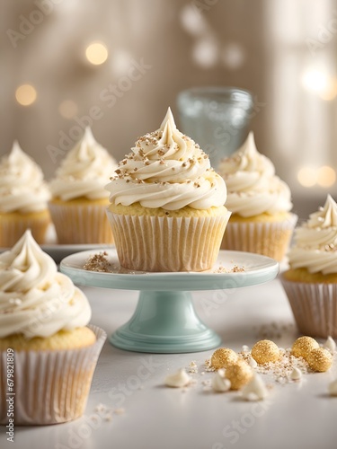 Delicious Cupcakes with Whimsical White Frosting and Colorful Sprinkles on a Charming Cake Plate