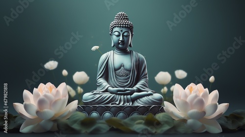 a statue of a buddha sitting in a lotus position surrounded by flowers