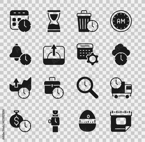 Set Calendar, Delivery truck and time, Clock, Waste of, Sunrise, Alarm clock, and settings icon. Vector