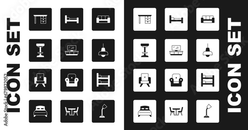 Set Sofa, TV table stand, Chair, Office desk, Lamp hanging, Bed, Bunk bed and Armchair icon. Vector