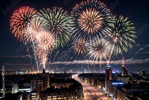 Celebrate the arrival of 2024 with a dazzling display of fireworks and joyful revelers in festive attire, creating a vibrant scene in the heart of the cityscape