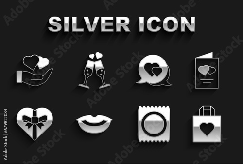 Set Smiling lips, Valentines day flyer, Shopping bag with heart, Condom package, Candy shaped box, Heart speech bubble, hand and Glass of champagne icon. Vector
