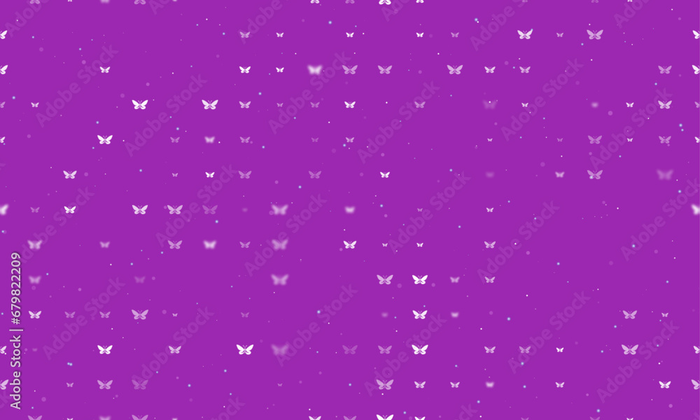 Seamless background pattern of evenly spaced white butterfly symbols of different sizes and opacity. Vector illustration on purple background with stars Seamless background pattern of evenly spaced white butterfly symbols of different sizes and opacity. Vector illustration on purple background with stars