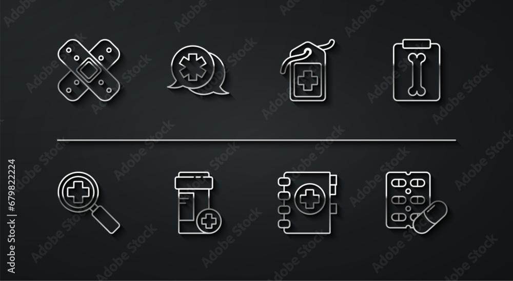 Set line Crossed bandage plaster, Magnifying glass for search medical, X-ray shots, Medical clipboard, Medicine bottle, Dialogue with the doctor, Pills blister pack and hospital tag icon. Vector Set line Crossed bandage plaster, Magnifying glass for search medical, X-ray shots, Medical clipboard, Medicine bottle, Dialogue with the doctor, Pills blister pack and hospital tag icon. Vector