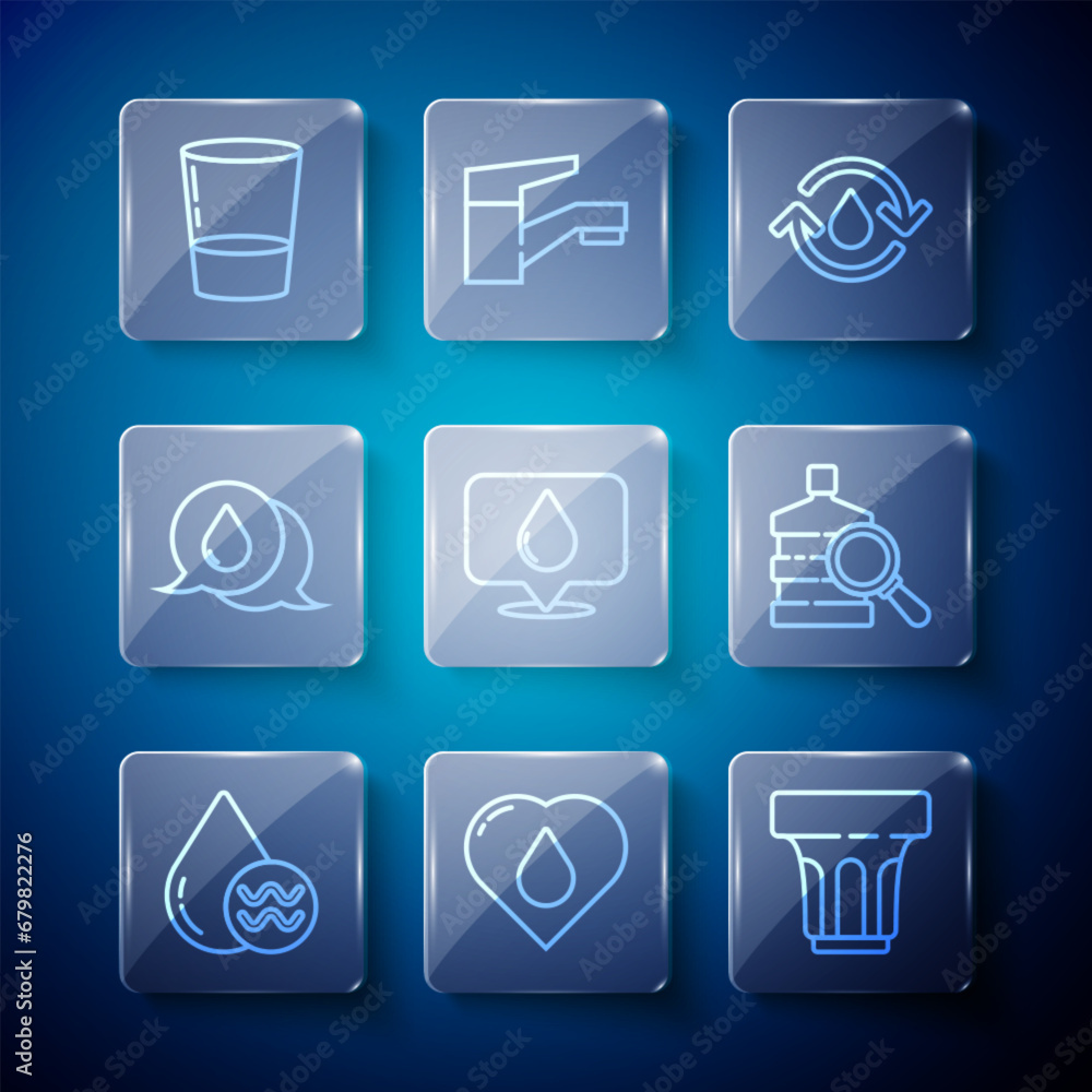 Set line Recycle clean aqua, Heart with water drop, Glass, Water location, speech bubbles, and Big bottle icon. Vector Set line Recycle clean aqua, Heart with water drop, Glass, Water location, speech bubbles, and Big bottle icon. Vector