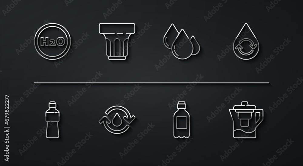 Set line Chemical formula for H2O, Bottle of water, Recycle clean aqua, Glass with, Water jug filter and drop icon. Vector Set line Chemical formula for H2O, Bottle of water, Recycle clean aqua, Glass with, Water jug filter and drop icon. Vector