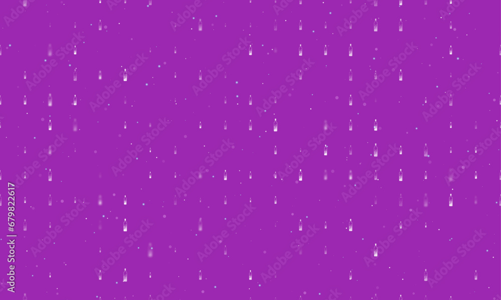 Seamless background pattern of evenly spaced white the world in a bottle symbols of different sizes and opacity. Vector illustration on purple background with stars