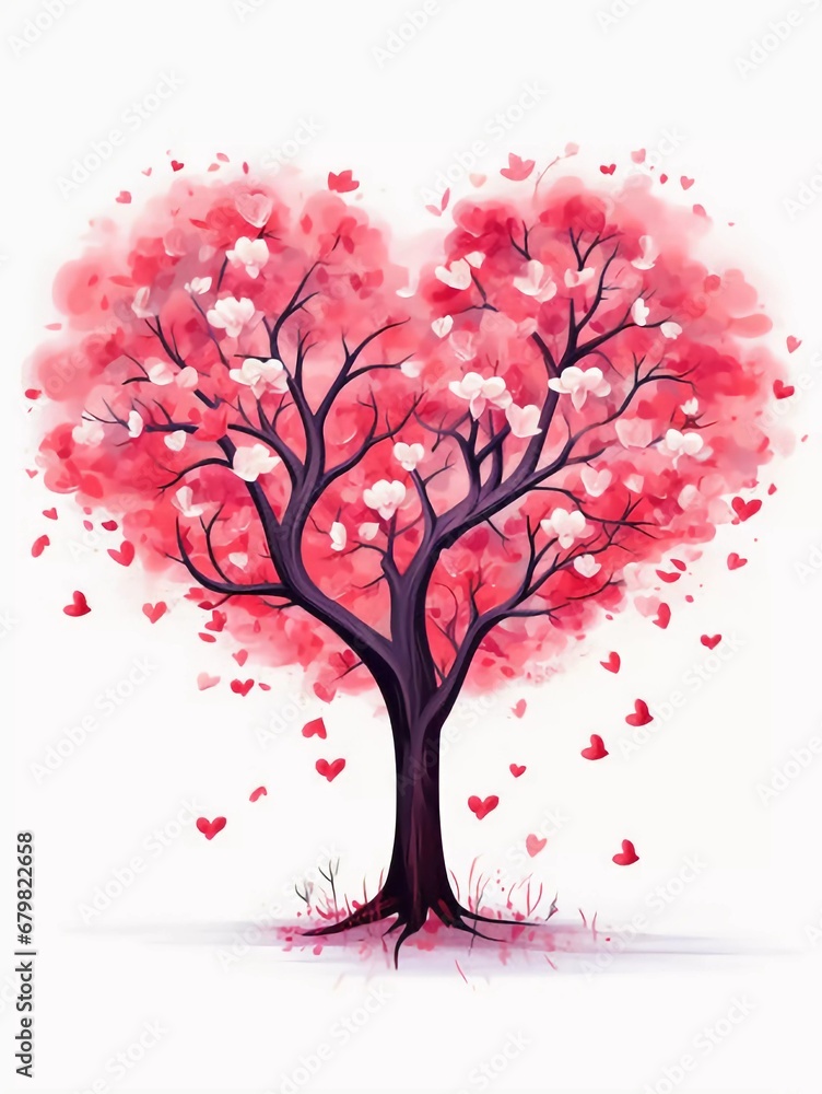 Fototapeta premium Vector illustration of love tree with heart shape in red and pink flowers on isolated background for Valentine's Day and other occasions, AI generator
