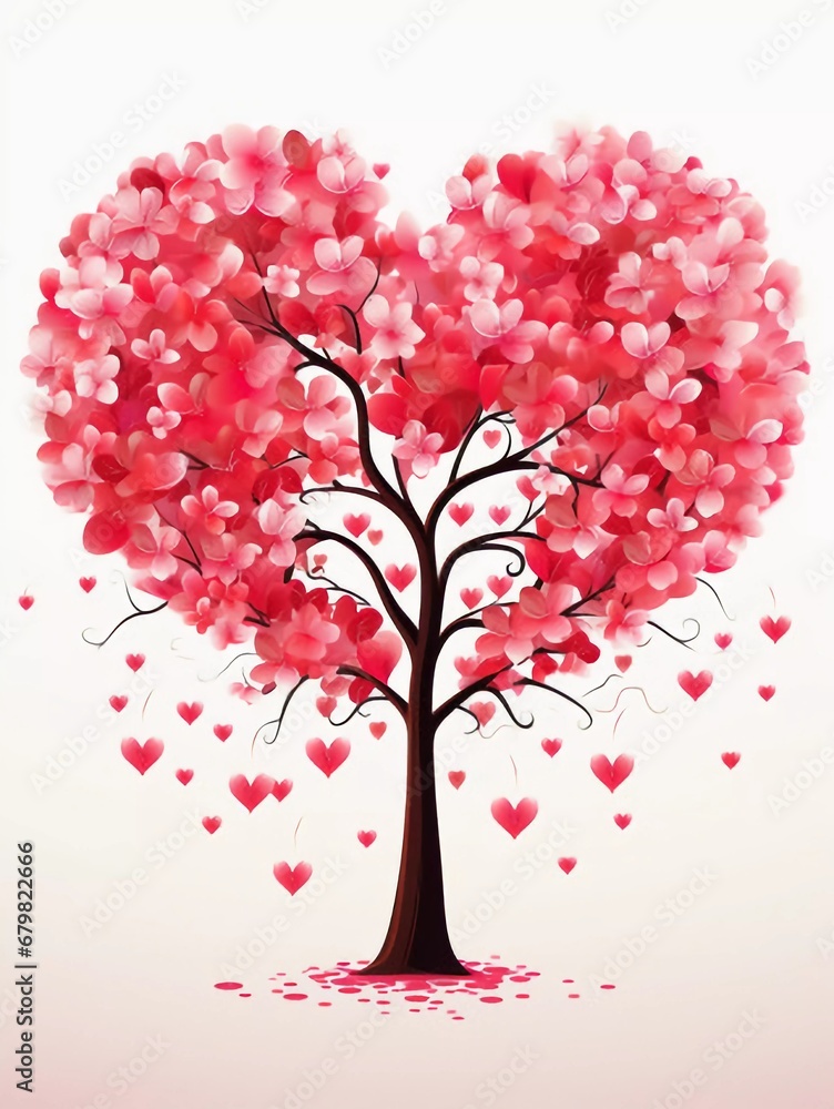 Fototapeta premium Vector illustration of love tree with heart shape in red and pink flowers on isolated background for Valentine's Day and other occasions, AI generator
