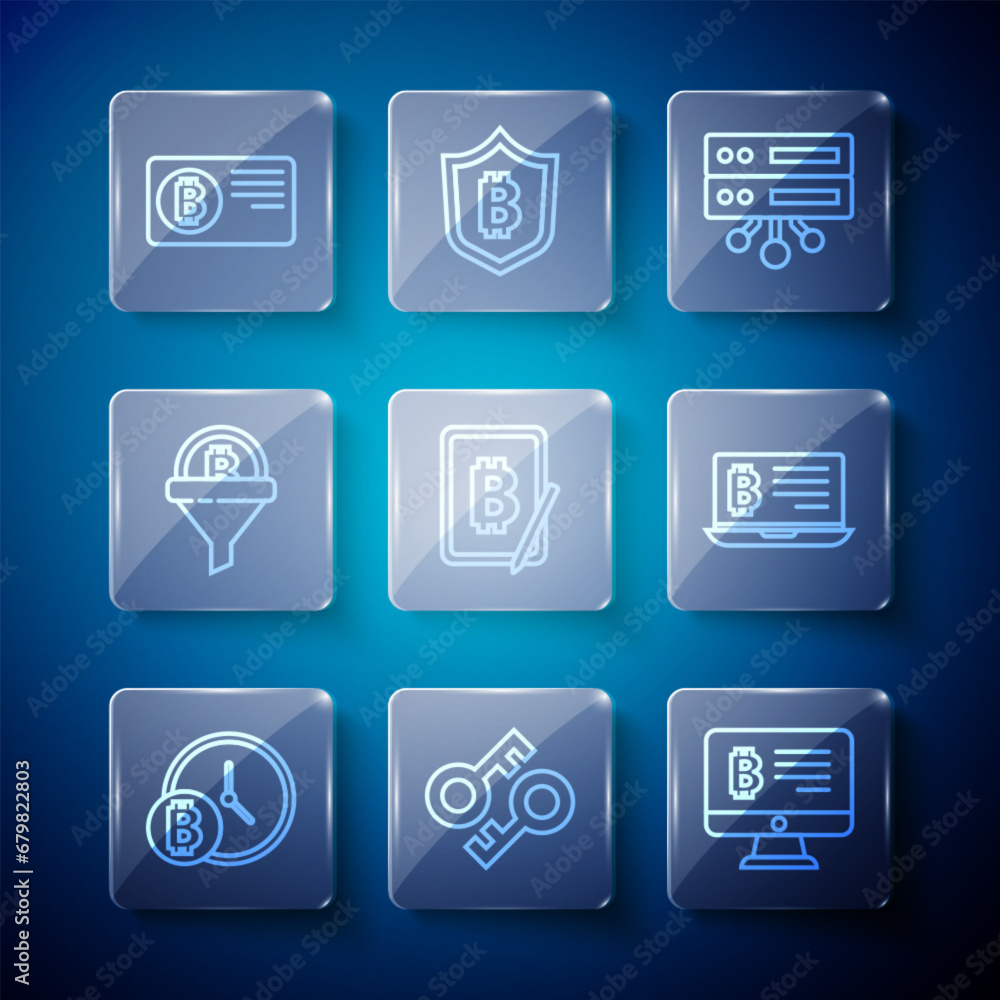 Set line Bitcoin with clock, Cryptocurrency key, Mining bitcoin from monitor, Server, tablet, Sales funnel, Credit card and laptop icon. Vector Set line Bitcoin with clock, Cryptocurrency key, Mining bitcoin from monitor, Server, tablet, Sales funnel, Credit card and laptop icon. Vector
