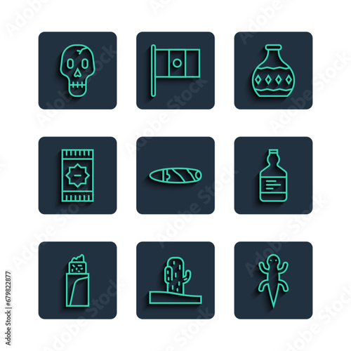 Set line Burrito, Cactus, Lizard, Tequila bottle, Cigar, Mexican carpet, Skull and icon. Vector