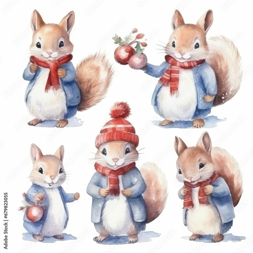 Funny funny Christmas winter squirrel watercolors on white background