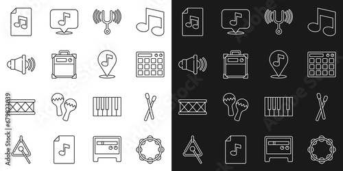 Set line Tambourine, Drum sticks, machine, Musical tuning fork, Guitar amplifier, Speaker volume, book with note and Location musical icon. Vector