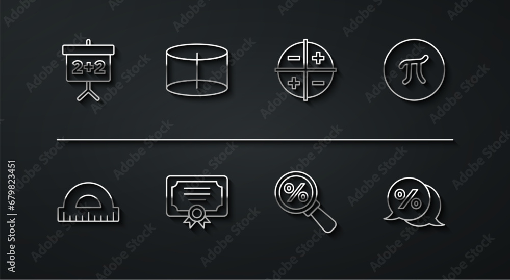 Set line Chalkboard, Protractor, Pi symbol, Magnifying glass with percent, Certificate template, Geometric figure Cylinder, Discount tag and XYZ Coordinate system icon. Vector Set line Chalkboard, Protractor, Pi symbol, Magnifying glass with percent, Certificate template, Geometric figure Cylinder, Discount tag and XYZ Coordinate system icon. Vector