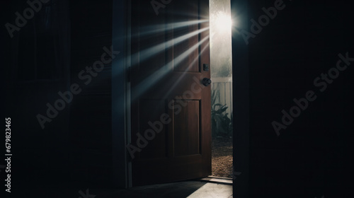 Bright Sunny weather is outside in the summer, warm gentle sun rays penetrate all the cracks and doors to the black room and illuminate the room, the door is almost open for entry