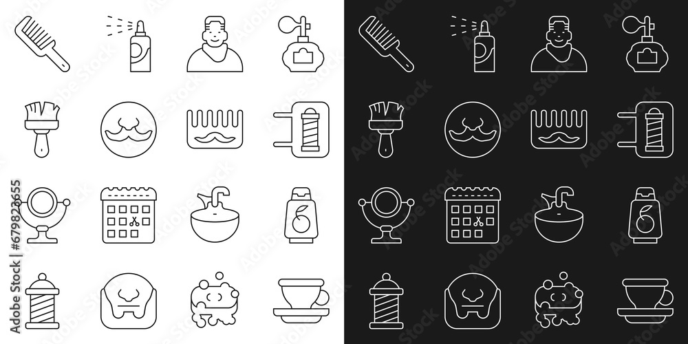 Set line Coffee cup, Bottle shampoo, Barber shop pole, Client in barbershop, Mustache, Shaving brush, Hairbrush and icon. Vector