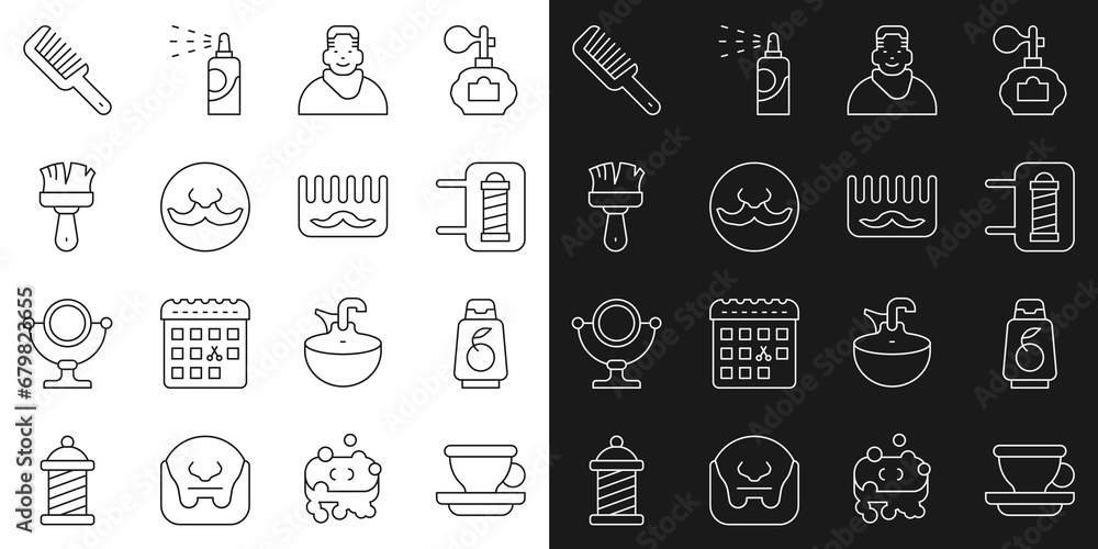 Set line Coffee cup, Bottle shampoo, Barber shop pole, Client in barbershop, Mustache, Shaving brush, Hairbrush and icon. Vector Set line Coffee cup, Bottle shampoo, Barber shop pole, Client in barbershop, Mustache, Shaving brush, Hairbrush and icon. Vector