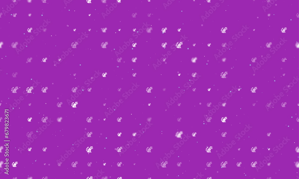 Seamless background pattern of evenly spaced white raccoon symbols of different sizes and opacity. Vector illustration on purple background with stars