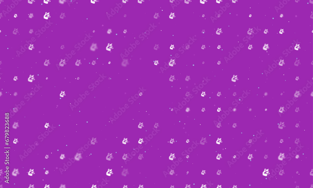 Seamless background pattern of evenly spaced white raccoon head symbols of different sizes and opacity. Vector illustration on purple background with stars
