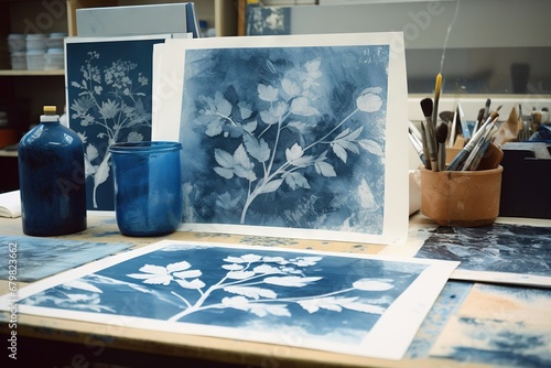 Abstract traditional floral cyanotype print in a workshop. Generative AI, AI