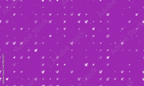 Seamless background pattern of evenly spaced white raccoon symbols of different sizes and opacity. Vector illustration on purple background with stars