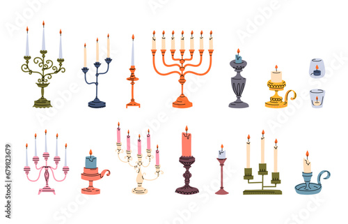 Vector hand drawn vintage candlesticks set in primitive style. Hanukkah menorah, single and multiple candle holders in baroque, middle ages, modern style with candles
