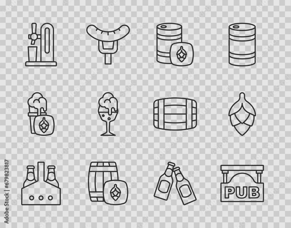 Set line Pack of beer bottles, Street signboard with Pub, Metal keg, Wooden barrel, Beer tap glass, Glass, and Hop icon. Vector Set line Pack of beer bottles, Street signboard with Pub, Metal keg, Wooden barrel, Beer tap glass, Glass, and Hop icon. Vector
