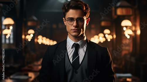 attractive teacher of an educational institution with glasses. stylish young man in dark academy style. classroom. cinematic light