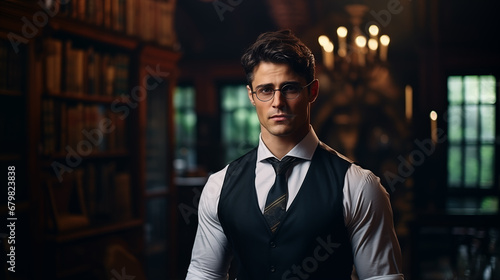 attractive teacher of an educational institution with glasses. stylish young man in dark academy style. classroom. cinematic light photo