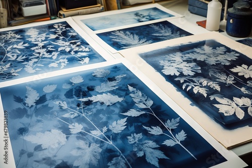 Abstract traditional floral cyanotype print in a workshop. Generative AI, AI