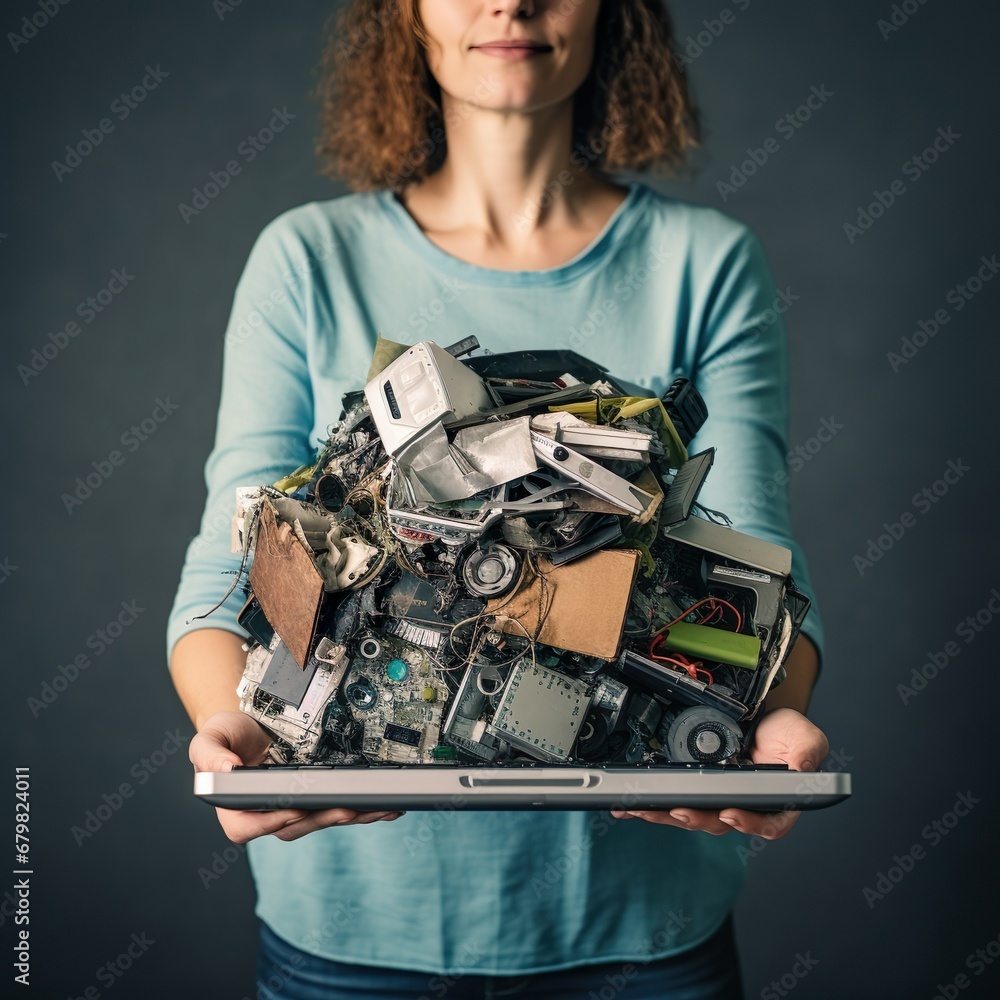 Woman hands put old laptop and keyboard in box with old used computers