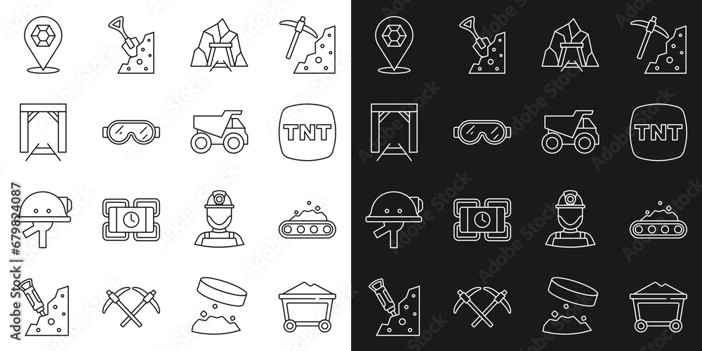 Set line Mine coal trolley, Conveyor belt carrying, Dynamite, entrance, Safety goggle glasses, Gem stone and Mining dump truck icon. Vector