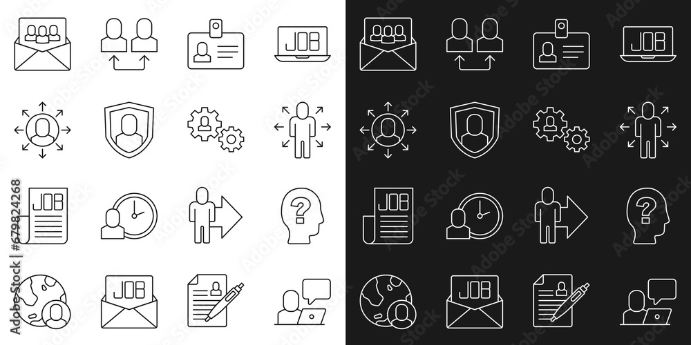 Set line Freelancer, Worker, Multitasking manager working, Identification badge, User protection, Project team base and Human with gear icon. Vector