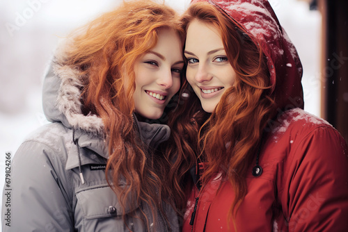 Couples of lesbian women with coats huddled in the snow. Generative AI © AnaIsabel