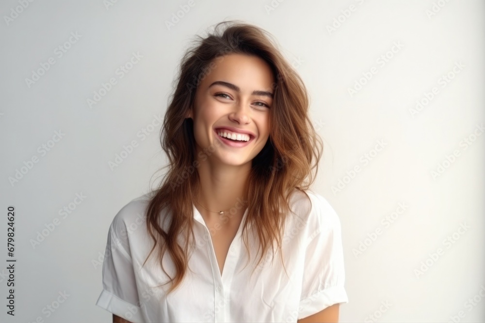 Happy woman with long hair smiling, isolated light background Happy woman with long hair smiling, isolated light background