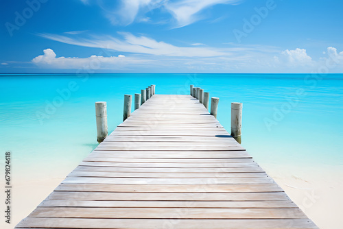 a wooden dock on a beach