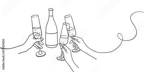 Continuous line champagne cheers one line art, continuous drawing contour on white background. 3 wine glasses with drinks. Cheers toast festive decoration for holidays. Vector illustration