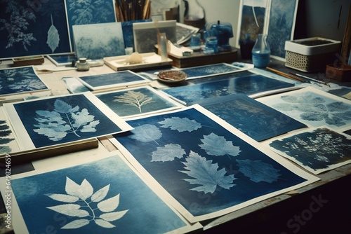 Abstract traditional floral cyanotype print in a workshop. Generative AI, AI